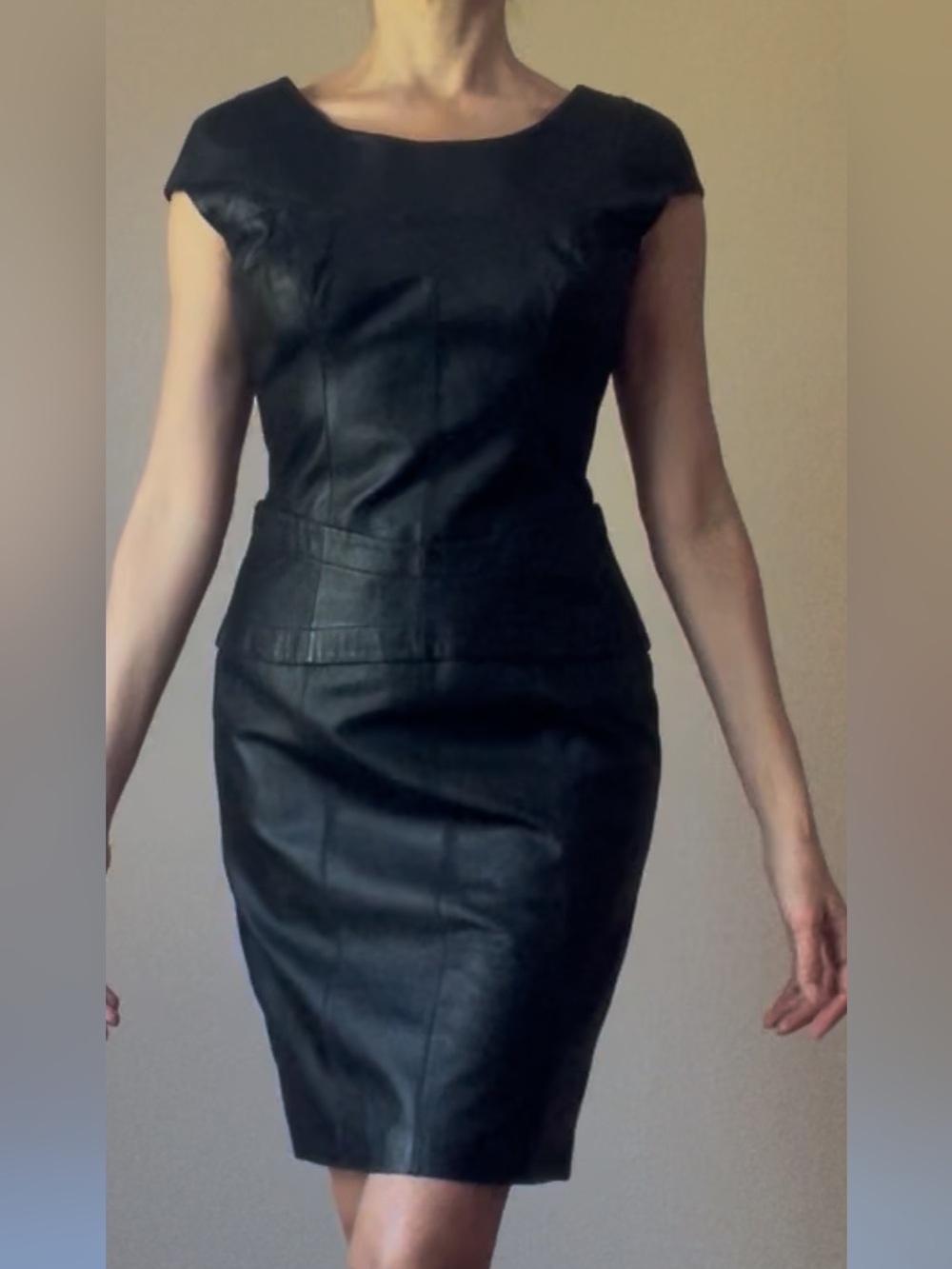 NWT $498 Bebe y2K Black 100% Real Leather Peek-A-Boo Fitted Midi Dress Flawed S